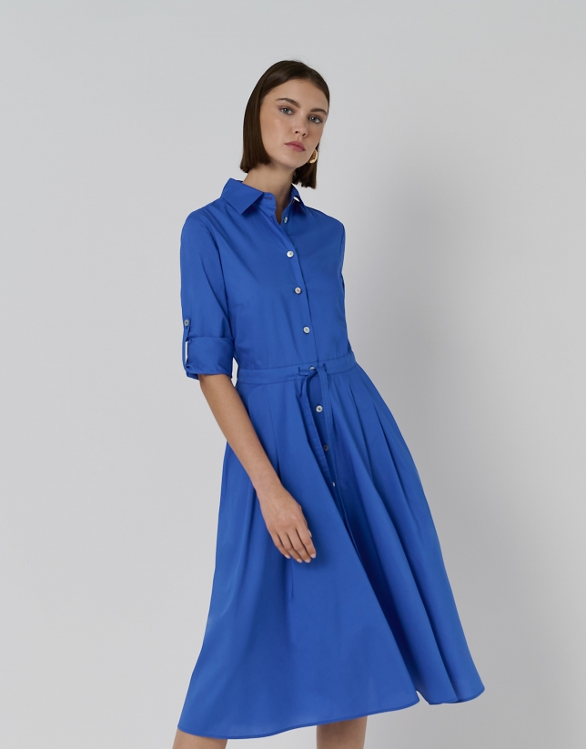 Blue cotton midi shirtwaist dress