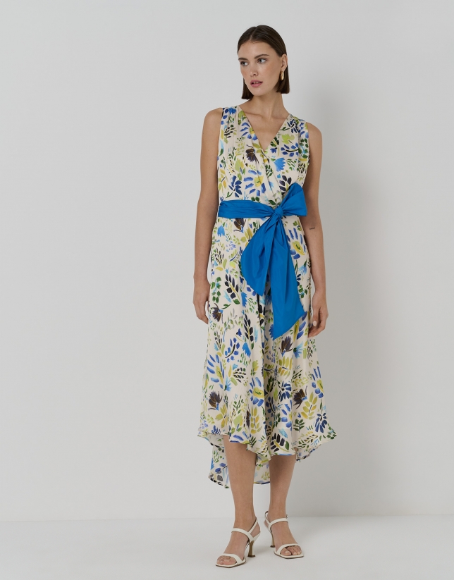 Cheesecloth dress with V-neck and blue floral print