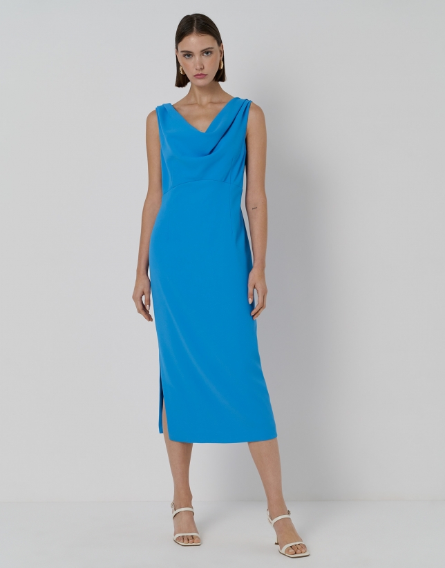 Blue crepe dress with draped neckline