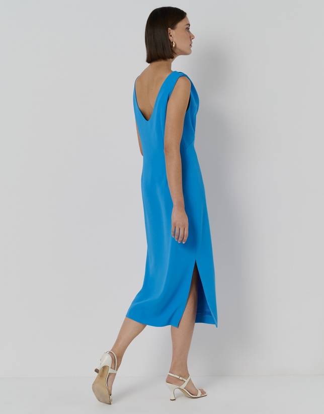 Blue crepe dress with draped neckline