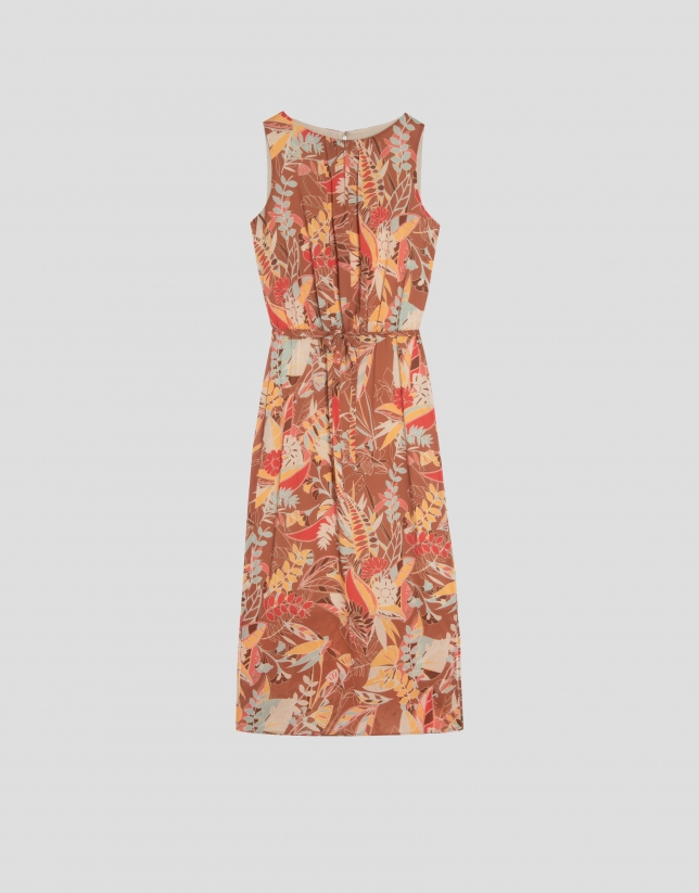 Sleeveless georgette dress with brown floral print