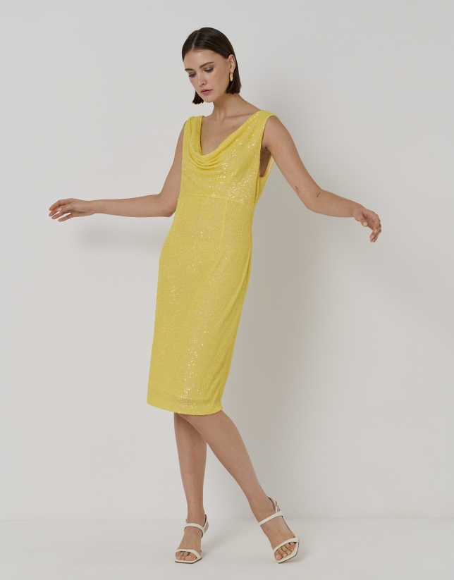 Midi dress with draped neckline and yellow sequins