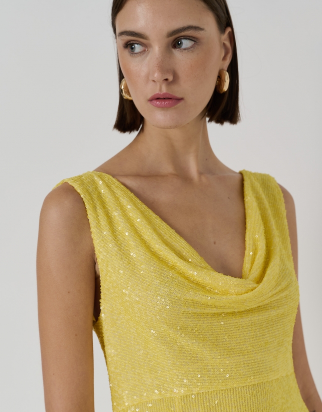 Midi dress with draped neckline and yellow sequins