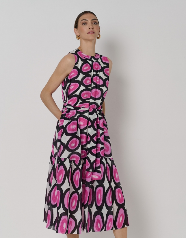 Midi dress with puckered skirt and print of pink and black figures