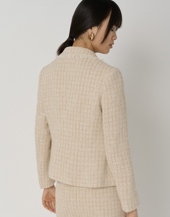Cream-colored tweed short jacket with lapels