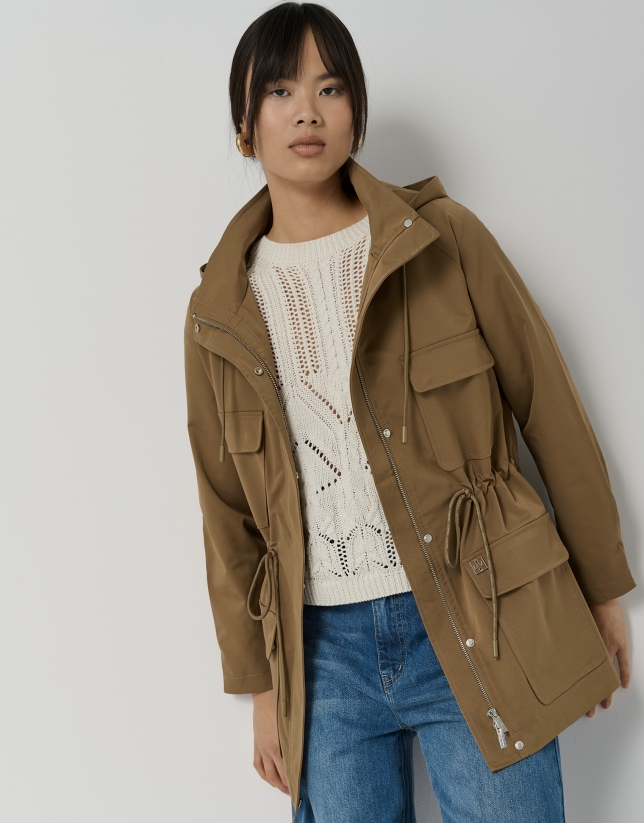 Brown fitted trench coat with hood