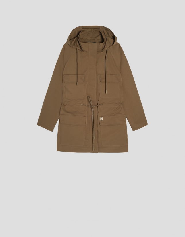 Brown fitted trench coat with hood