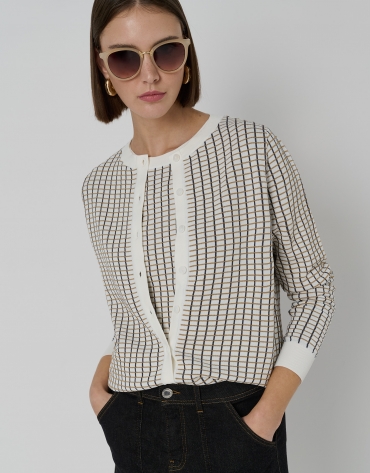 Twin set elastic knit jacket with beige and cream checkered print