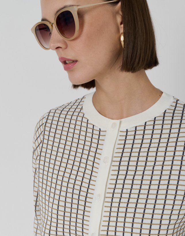 Twin set elastic knit jacket with beige and cream checkered print