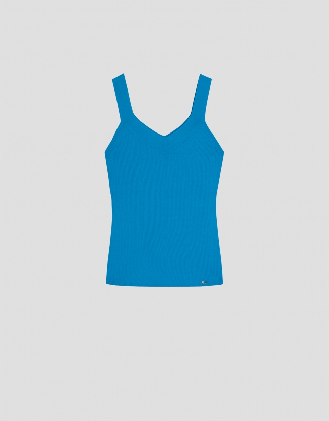Blue ribbed strapless tank top