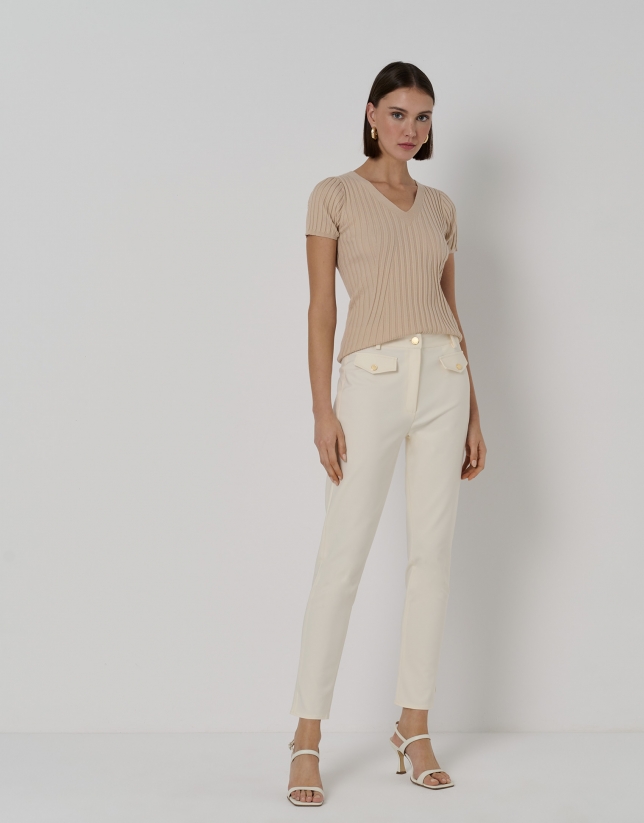 Sand-coloured cool wool knit top