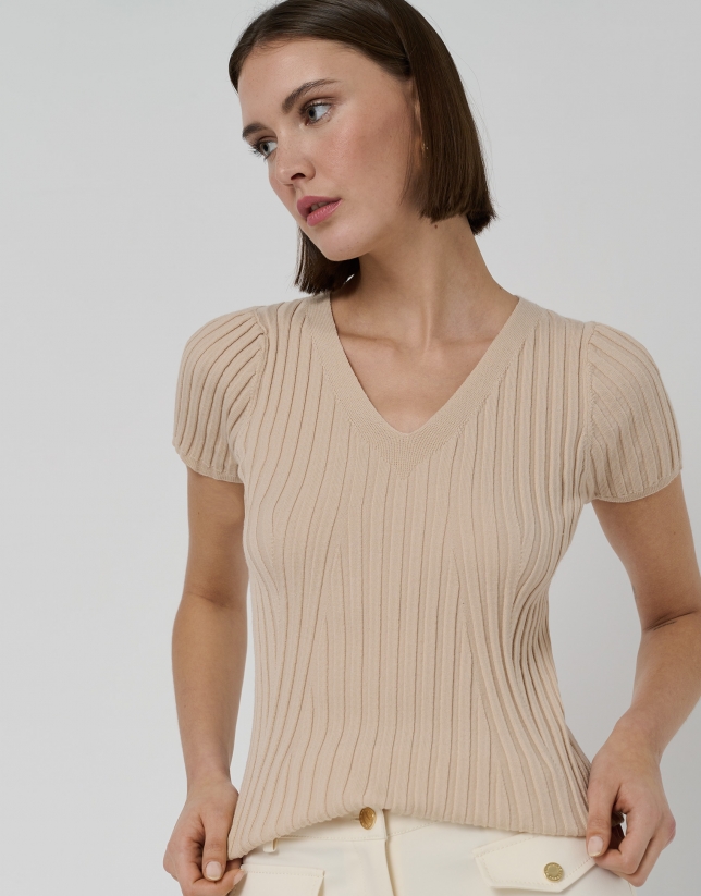 Sand-coloured cool wool knit top
