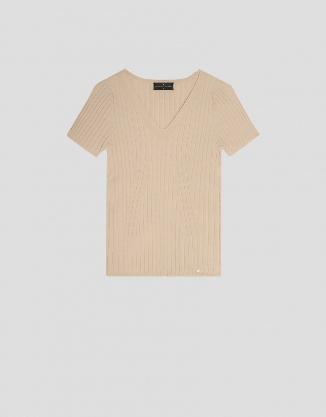 Camiseta en punto de lana fresca arena