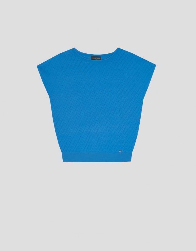 Blue geometric print sweater with bat sleeves