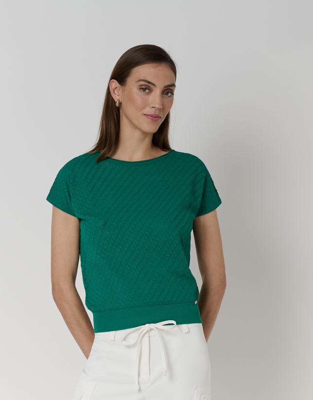 Green geometric print sweater with bat sleeves