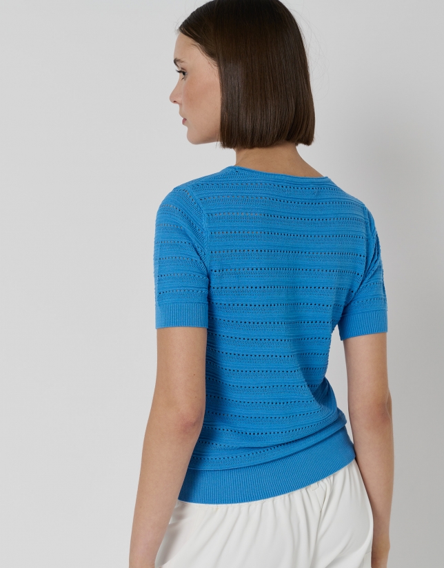 Blue openwork sweater with short sleeves