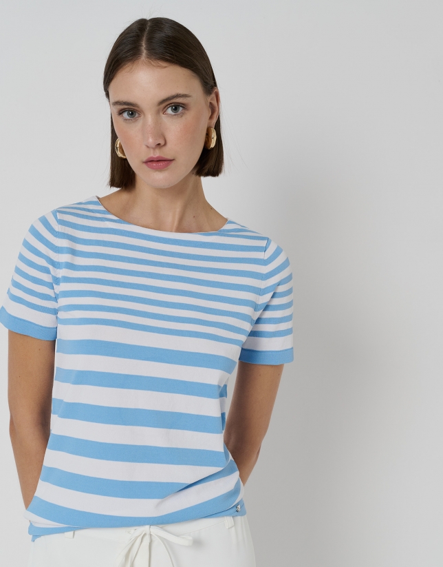 Blue and white striped light knit sweater with short sleeves