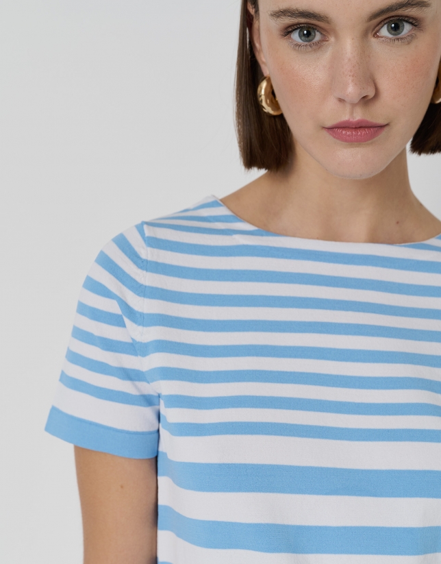 Blue and white striped light knit sweater with short sleeves