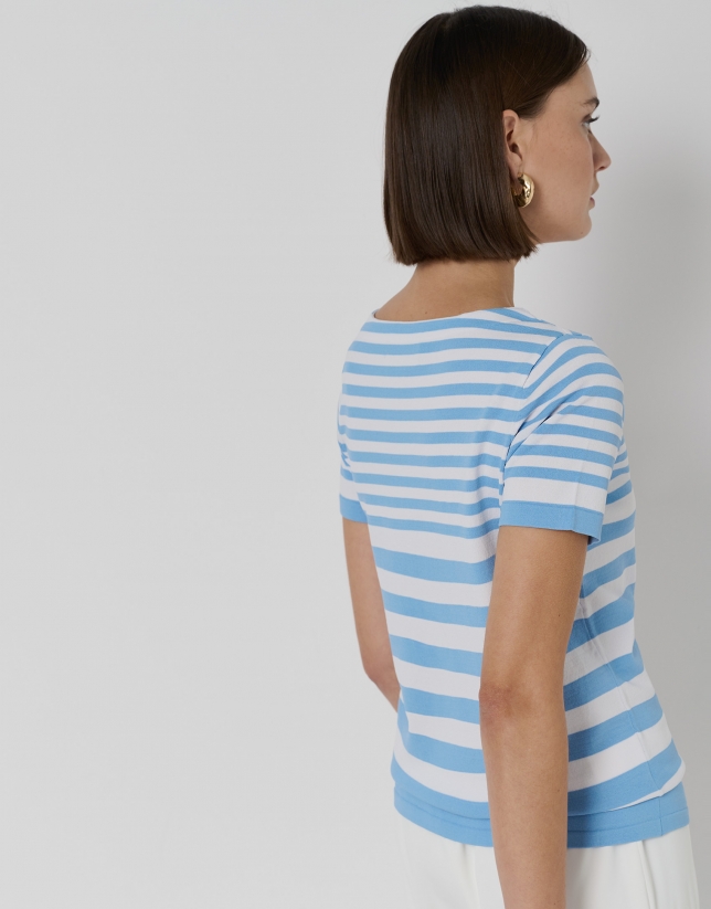 Jersey de manga corta en punto fino rayas azul y blanco