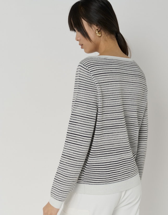 Navy blue striped sweater with silver lurex