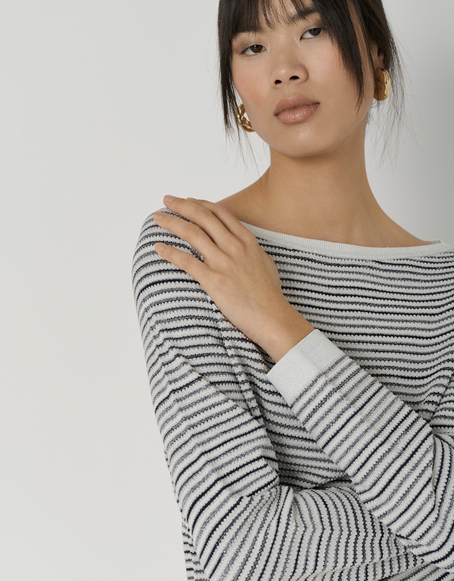 Navy blue striped sweater with silver lurex