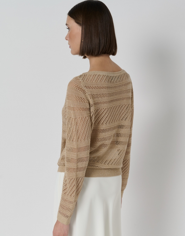 Golden openwork knit sweater with lurex