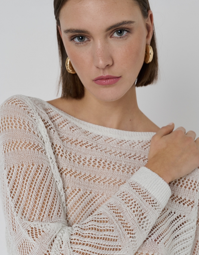 Silver openwork knit sweater with lurex