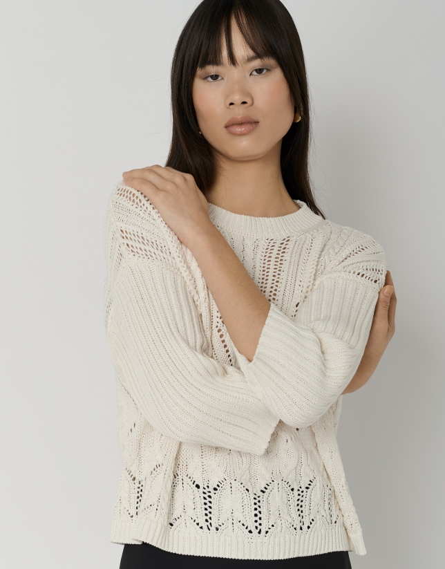 White cotton openwork knit sweater