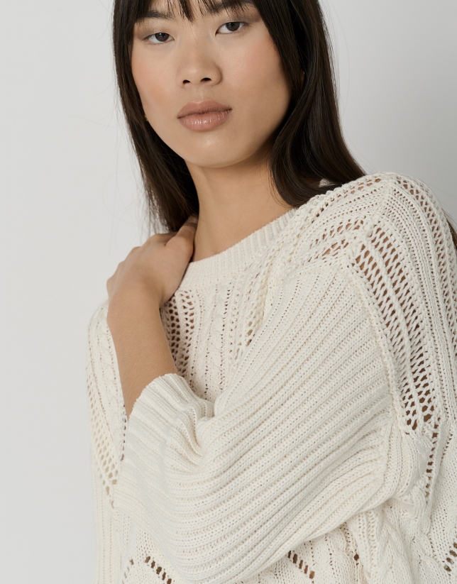 White cotton openwork knit sweater