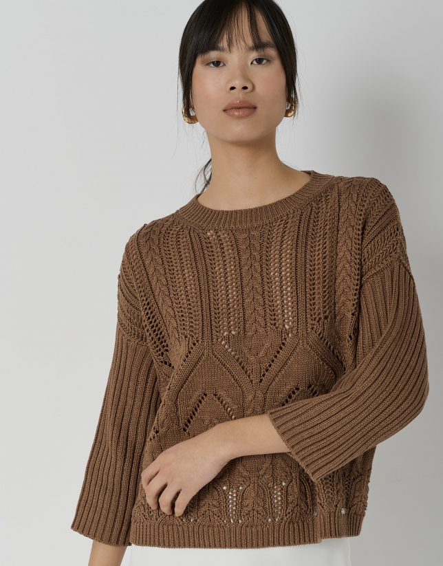 Brown cotton openwork knit sweater