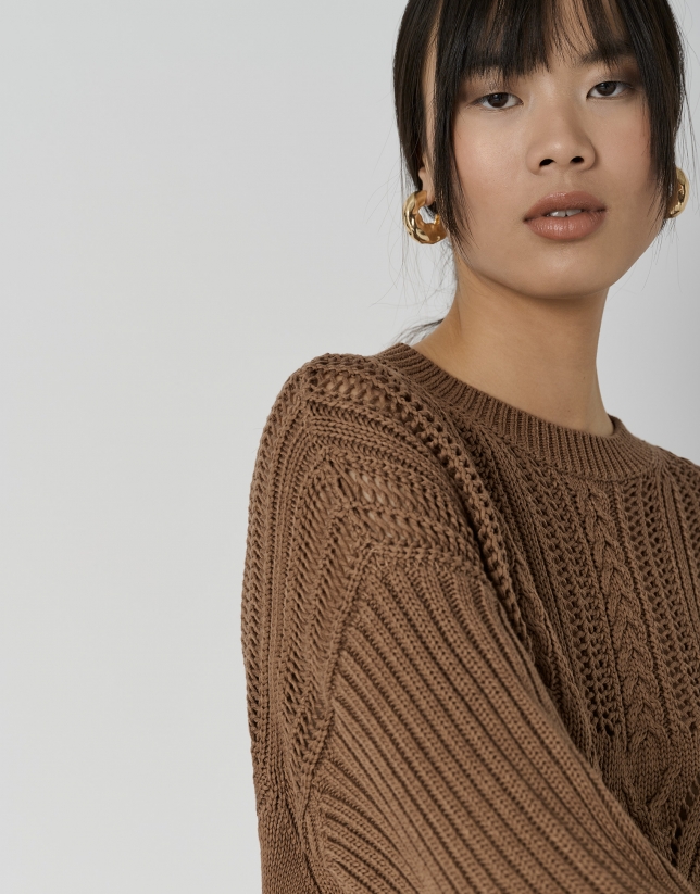 Brown cotton openwork knit sweater