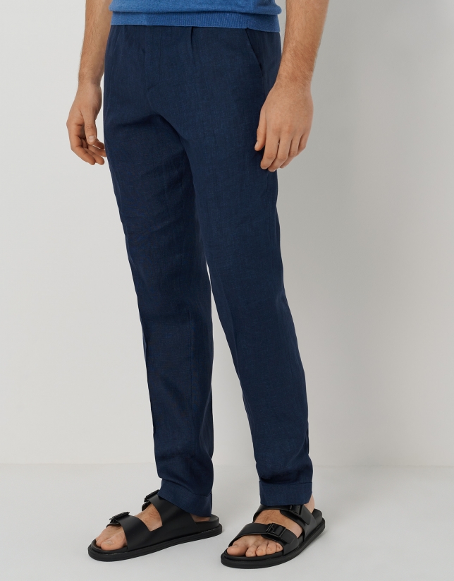 Dark blue linen pants with darts