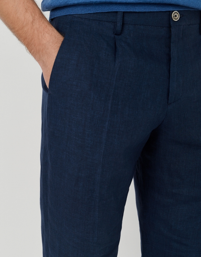 Dark blue linen pants with darts