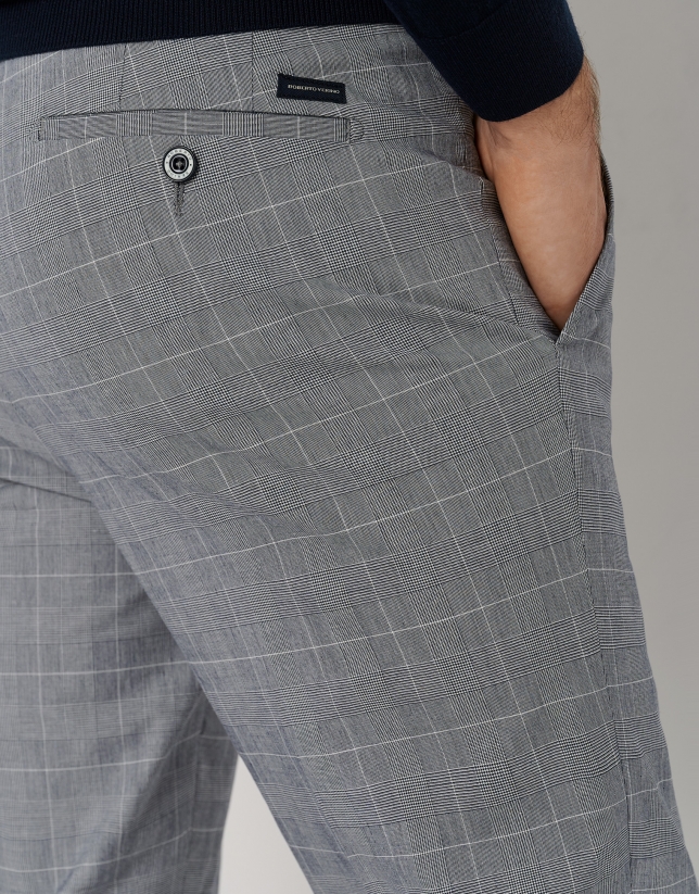 Navy blue checked slim fit chinos