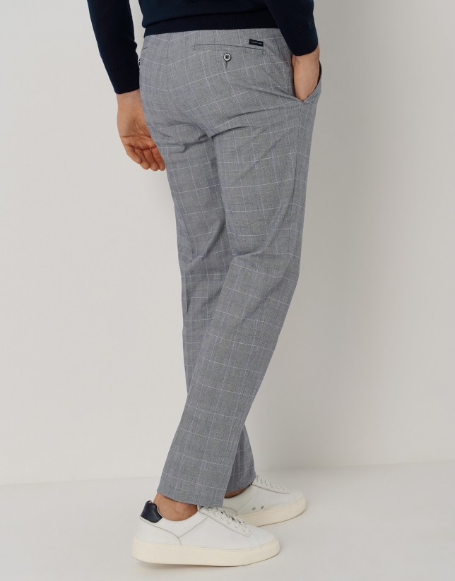 Navy blue checked slim fit chinos