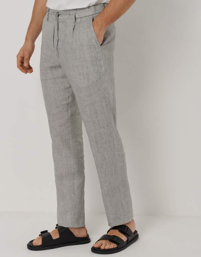 Gray melange linen pants with darts