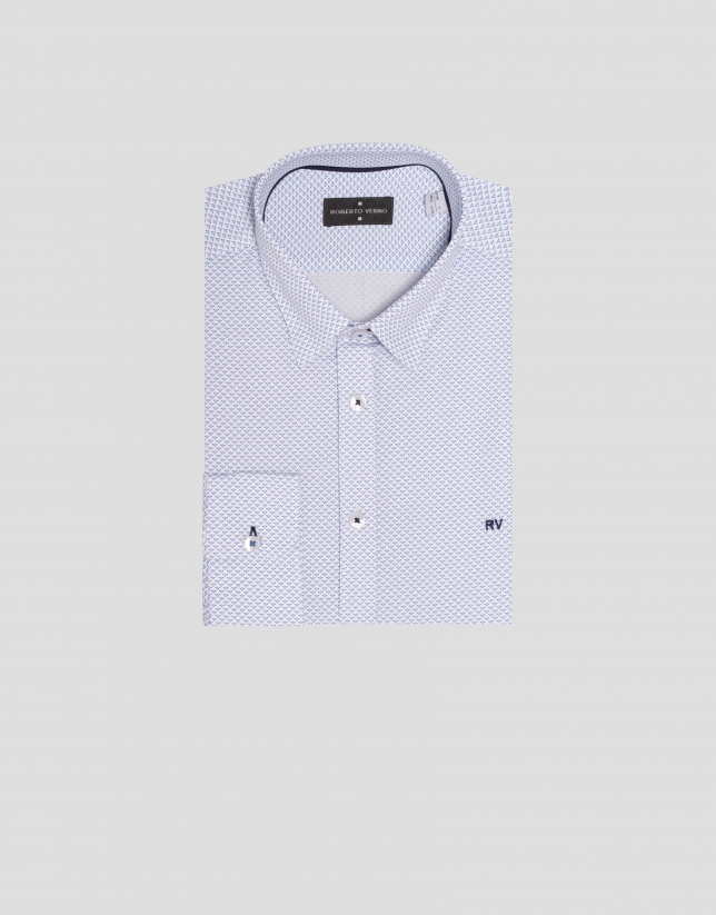 White sport shirt with geometric blue leaf print