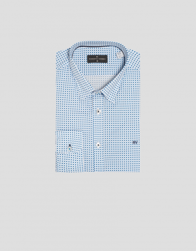 White sport shirt with turquoise/navy flower print