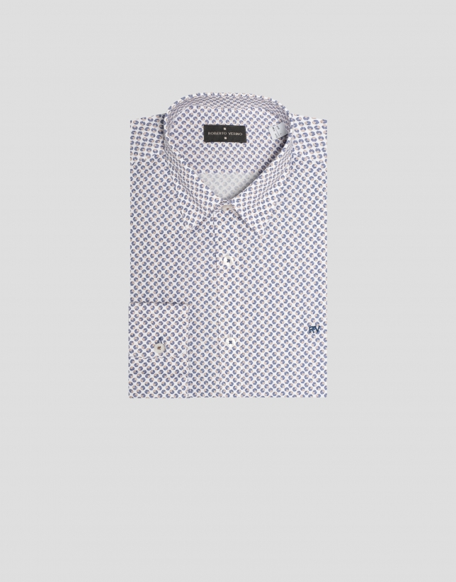 Camisa sport blanca estampado geométrico círculos tonos tostado/índigo
