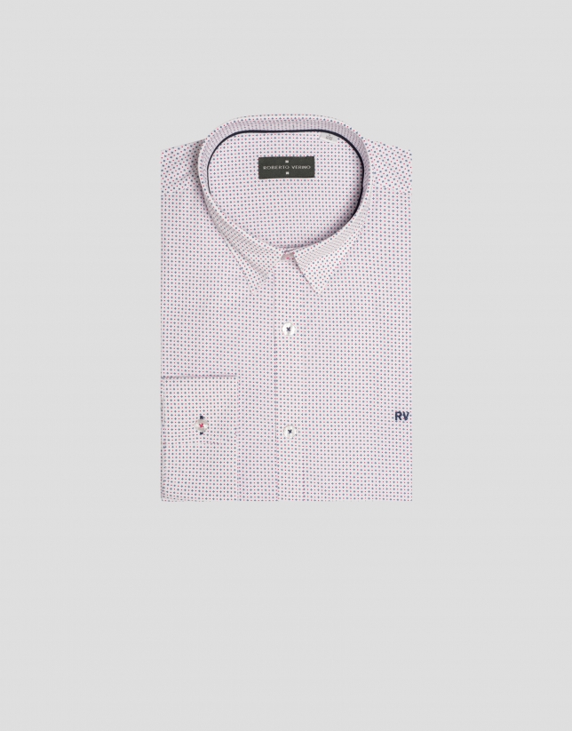 White sport shirt with fuchsia/navy geometric print