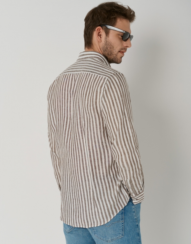 Tan and white striped regular fit linen sport shirt
