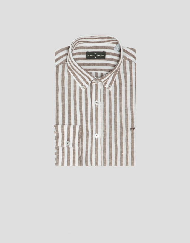 Camisa sport regular lino rayas tostado/blanco