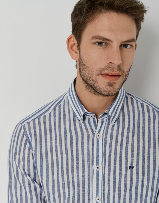 Indigo and white striped regular fit linen sport shirt