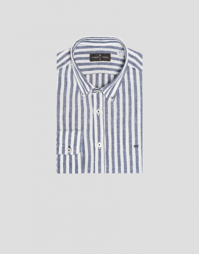 Indigo and white striped regular fit linen sport shirt
