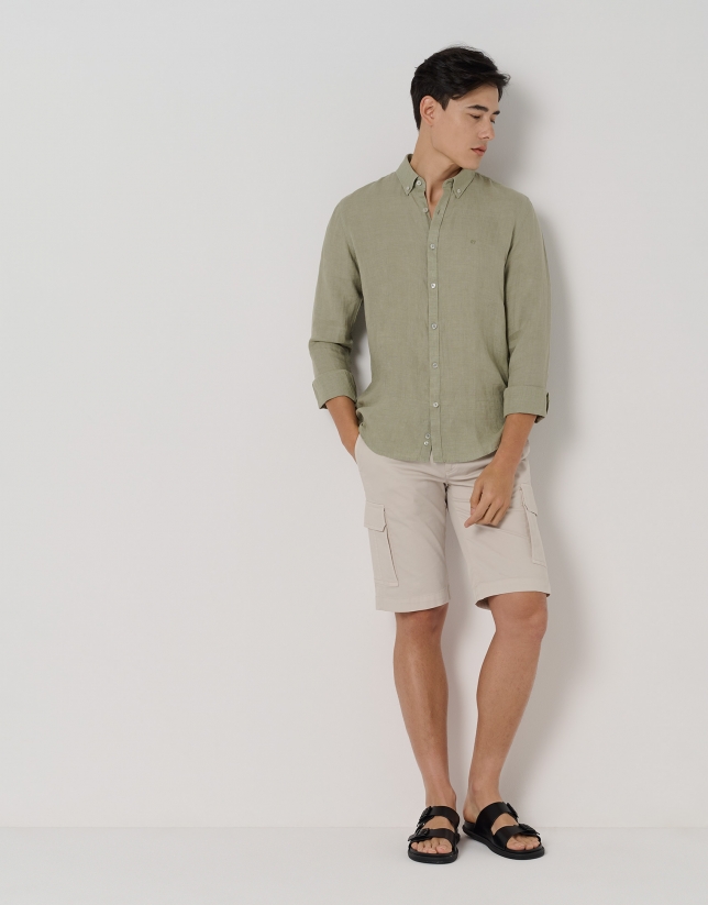 khaki green linen, regular fit, sport shirt