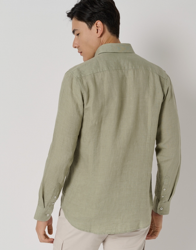 khaki green linen, regular fit, sport shirt
