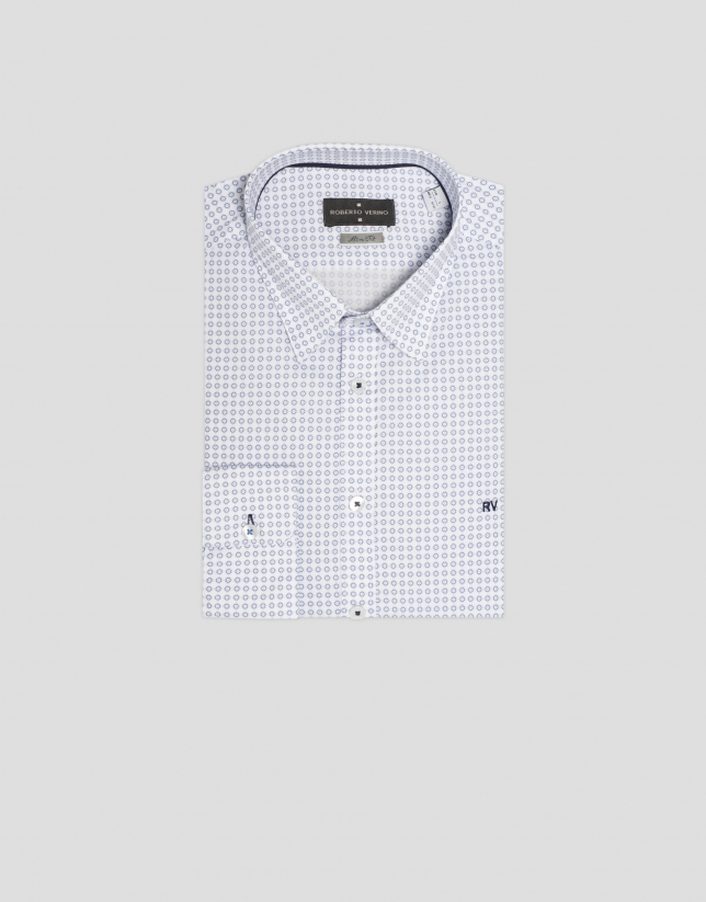 White slim fit sport shirt with blue geometric print 