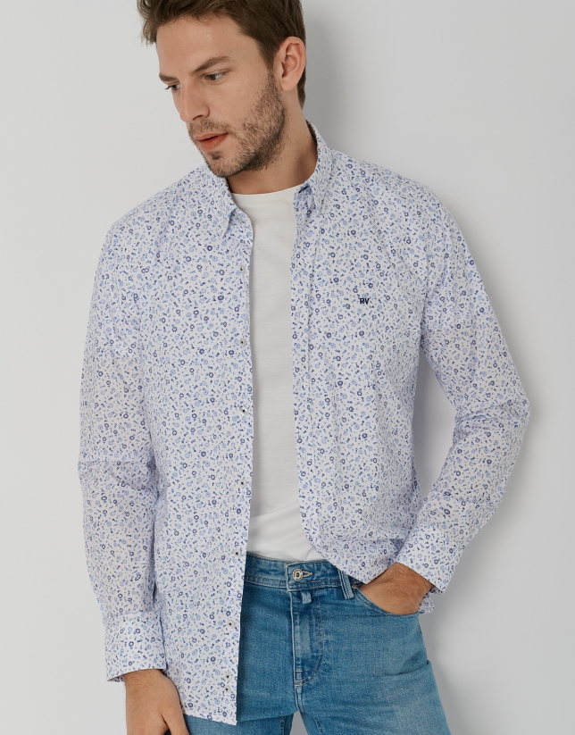 White slim fit sport shirt with blue liberty print