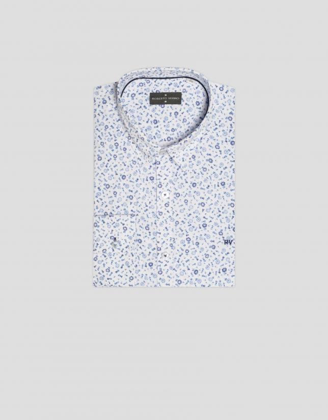 White slim fit sport shirt with blue liberty print