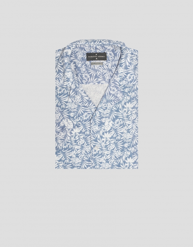 Blue slim fit Guayabera shirt with white tropical print